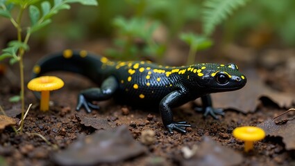 Fototapeta premium Vibrant fire salamander in forest habitat with glossy black skin and bright yellow bands
