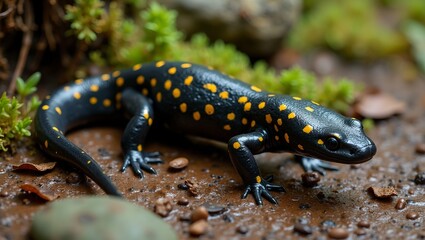 Obraz premium Spotted salamander in forest setting with vibrant yellow spots and mossy backdrop