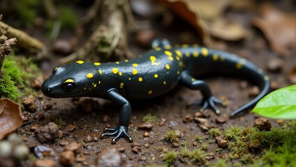 Obraz premium Spotted salamander in forest setting with vibrant yellow spots and mossy backdrop