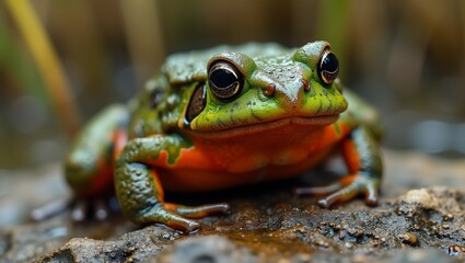 Fire bellied toad with vibrant markings perched on mossy rock in wetland setting