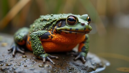 Fototapeta premium Fire bellied toad with vibrant markings perched on mossy rock in wetland setting