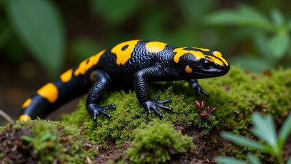 Vibrant European fire salamander crawling on mossy rock in mystical forest