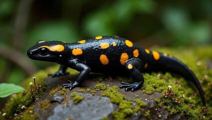 Obraz premium Vibrant European fire salamander crawling on mossy rock in mystical forest