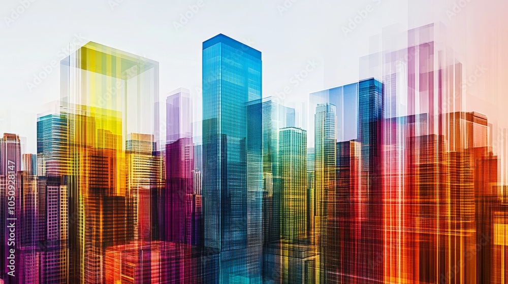 Poster an abstract depiction of a vibrant cityscape made up of interconnected, multi-colored skyscrapers, r