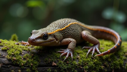 Fototapeta premium Warty newt on moss covered log in mystical forest