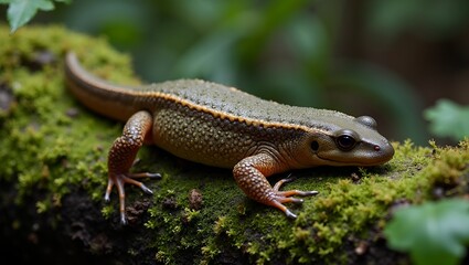 Fototapeta premium Warty newt on moss covered log in mystical forest