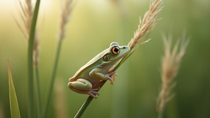 Delicate slender reed frog perched on swaying grass stem blending with surroundings