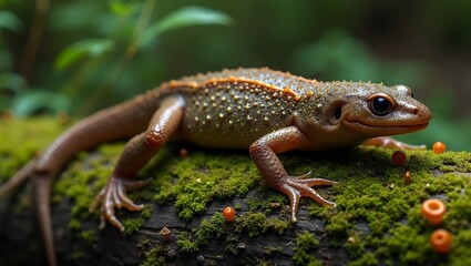 Obraz premium Warty newt on moss covered log in mystical forest