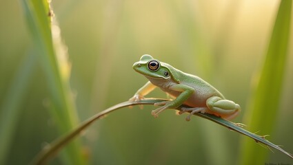 Delicate slender reed frog perched on swaying grass stem blending with surroundings