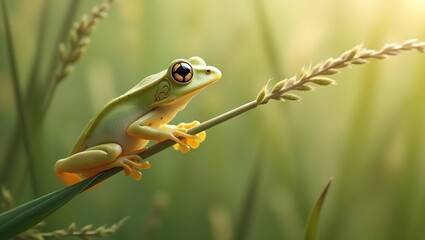 Fototapeta premium Delicate slender reed frog perched on swaying grass stem blending with surroundings