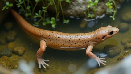 Obraz premium Graceful smooth newt swimming in shallow water with orange patches and paddle like tail