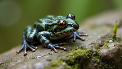 Obraz premium Ornate chorus frog on mossy rock in soft focus nature background