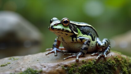 Obraz premium Ornate chorus frog on mossy rock in soft focus nature background