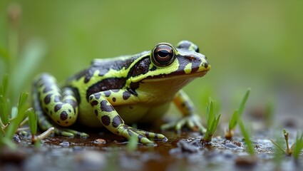Obraz premium Northern leopard frog on wet grass with vibrant spots and dewy texture poised to leap