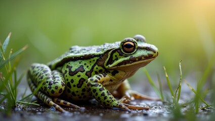 Obraz premium Northern leopard frog on wet grass with vibrant spots and dewy texture poised to leap