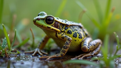 Obraz premium Northern leopard frog on wet grass with vibrant spots and dewy texture poised to leap