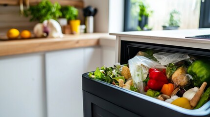 Food waste bin with compostable bags in a stylish modern kitchen