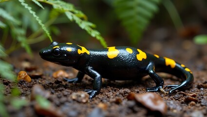 Vibrant fire salamander in forest habitat with glossy black skin and bright yellow bands