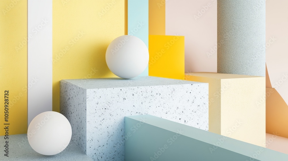 Poster An abstract depiction of equity in design, showing a series of geometric shapes in different sizes and colors fitting together to create a balanced composition