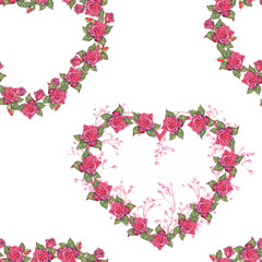 Seamless pattern with hearts made of red roses painted with watercolors. Hearts of roses in a seamless illustration. Idea for decorating holidays and creating prints.