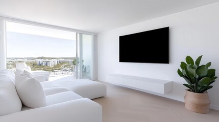 Fototapeta premium Modern minimalist living room with white sofa wall-mounted tv and panoramic view of the cityscape