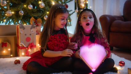 Sisters enjoying under Christmas Tree