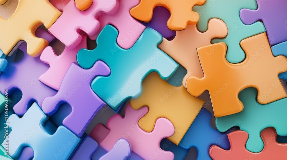 Poster An abstract image of interconnected puzzle pieces, each piece in a different color, fitting seamlessly together