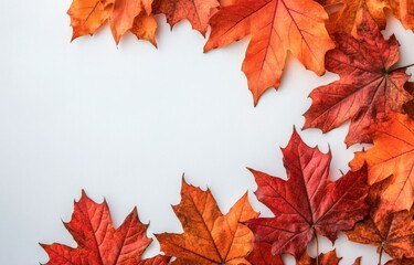 Autumn leaves in shades of red and orange arranged on a white background during fall season