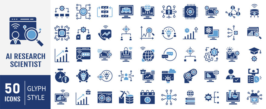 AI research scientist icon set. Containing artificial intelligence, machine learning, algorithm, data analysis icon. vector illustration.