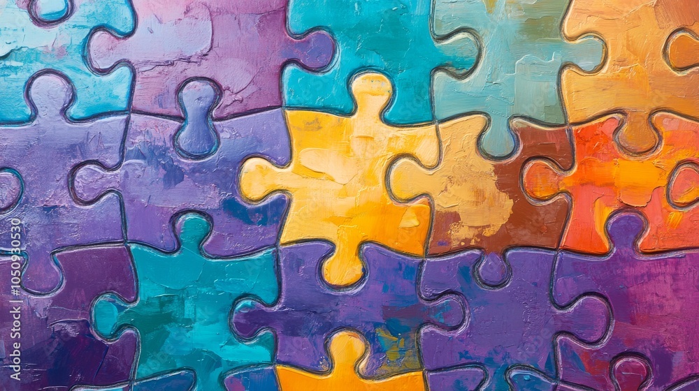 Poster An abstract pattern of interlocking puzzle pieces in vibrant colors against a monochromatic background, Representing integration and unity, photography style