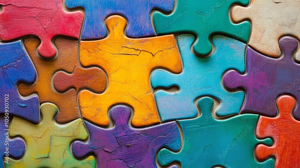 Poster An abstract pattern of interlocking puzzle pieces in vibrant colors against a monochromatic background, Representing integration and unity, photography style