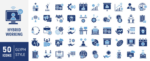 Hybrid working icon set. Containing remote work, flexibility, office, home, collaboration, technology, communication icon. Vector illustration.