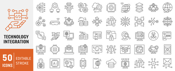Technology integration line editable icon. Containing icons: automation, digitalization, innovation, collaboration and more. Vector illustration.