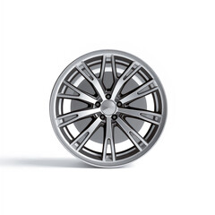 A sleek, modern car alloy wheel stands against a white background.