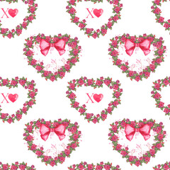 Seamless pattern with hearts made of red roses painted with watercolors. Hearts of roses in a seamless illustration. Idea for decorating holidays and creating prints.