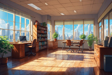 Fototapeta premium Anime style, bright midday office with natural light streaming through large windows, fresh and open feel