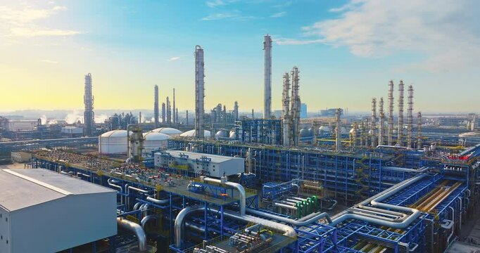 Aerial shot of oil refinery and chemical plant in large industrial area at sunset