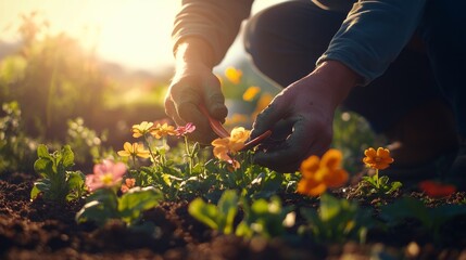 Gardener tending to vibrant flowers in a sunny garden during springtime