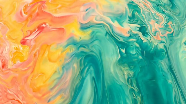 A close-up shot of vibrant, swirling yellow, orange, and green paint, creating a dynamic abstract pattern