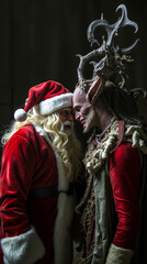 A man in a santa claus outfit and a man dressed as a reindeer