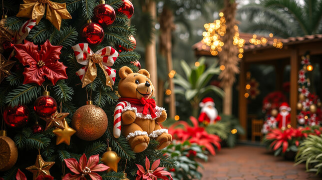 A teddy bear sitting on top of a christmas tree decorated with ornaments