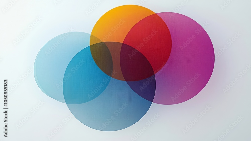 Poster An abstract representation of social inclusion, featuring a series of overlapping circles with different colors blending into each other, Representing the seamless integration of diverse social groups