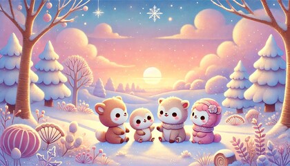 Naklejka premium A Heartwarming Winter Evening Under a Pastel-Colored Sky with Cute Animals Gathered in Harmony