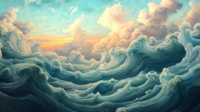 A vibrant sunset illuminates the clouds above rolling waves of clouds in the sky