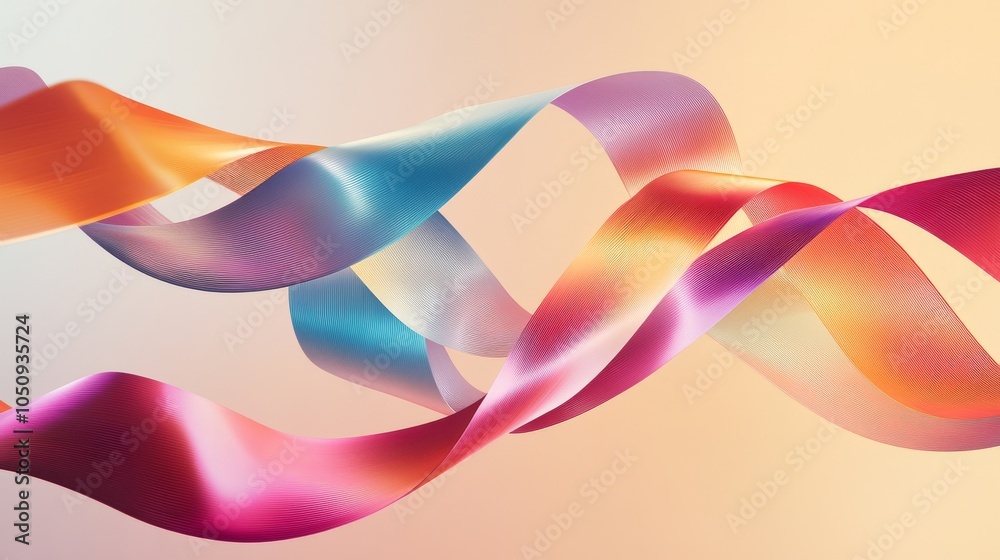 Poster An abstract swirl of ribbons in various shades symbolizing different identities against a soft gradient background, Emphasizing diversity and identity, photography style