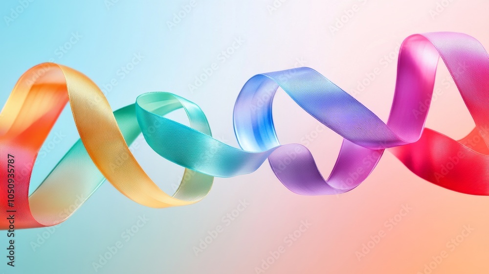 Poster An abstract swirl of ribbons in various shades symbolizing different identities against a soft gradient background, Emphasizing diversity and identity, photography style