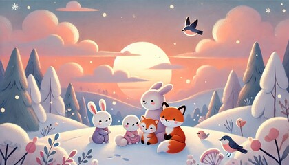 Fototapeta premium A Peaceful Winter Evening with Adorable Animals Beneath a Soft Pastel Sunset Sky, Capturing the Cozy and Serene Charm of a Snowy Dusk