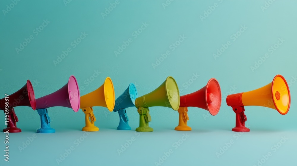 Poster An abstract visual of equal voices, showing a series of diverse, brightly colored megaphones arranged in a balanced composition