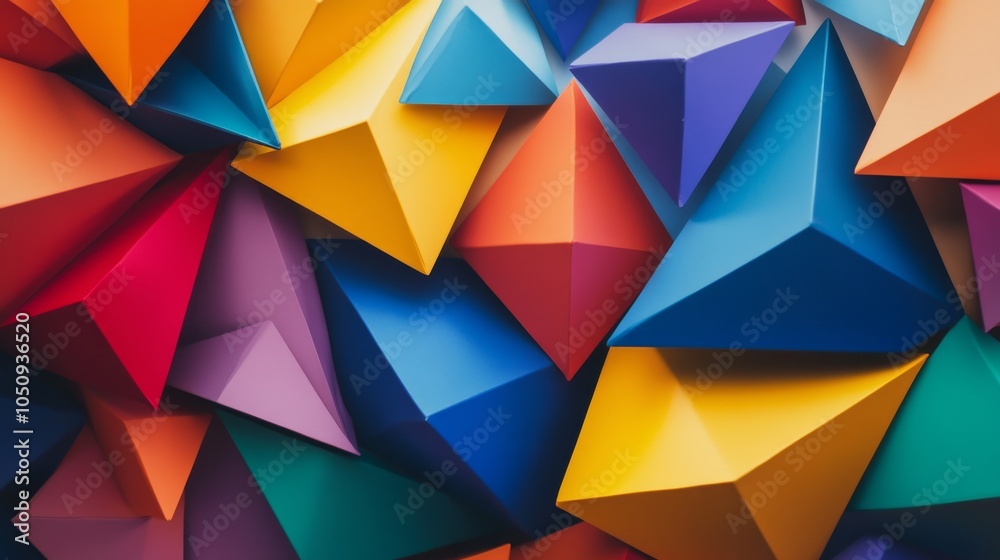Poster An array of colorful triangles radiating from different angles, metaphorically representing the diverse viewpoints and contributions coming together, minimalist style