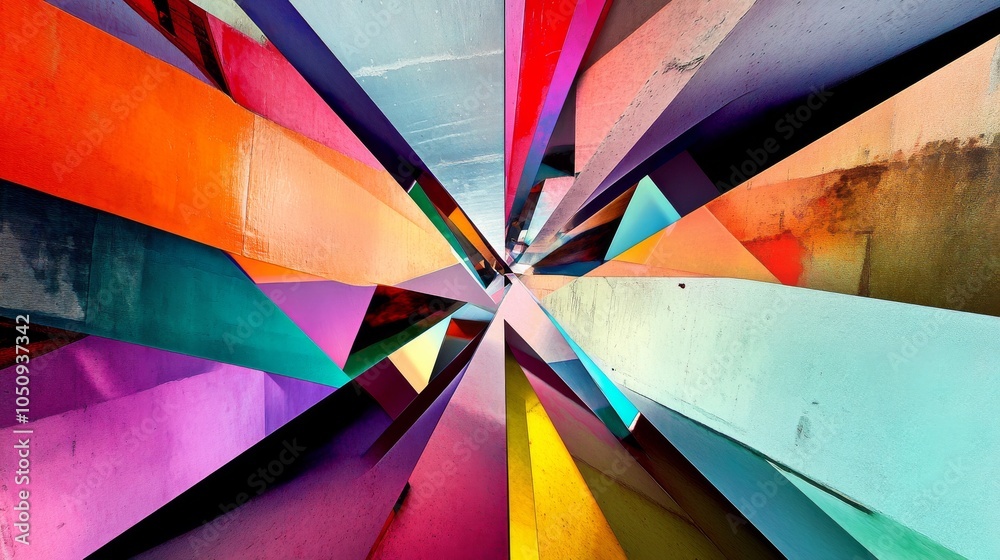 Poster An artistic representation of diverse abstract shapes converging towards a central point on a plain backdrop, Reflecting unity and diversity, photography style